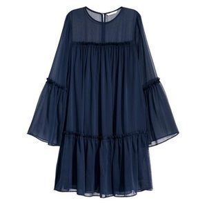 H&M High Neck Bell Sleeve Flowy Tiered Peasant Style Mini Dress, Navy‎ - Size 2